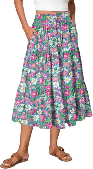 Long Skirts for Women Floral Print Boho Maxi Skirt Elastic High Waist Drawstring Pleated Flowy Skirts with Pockets