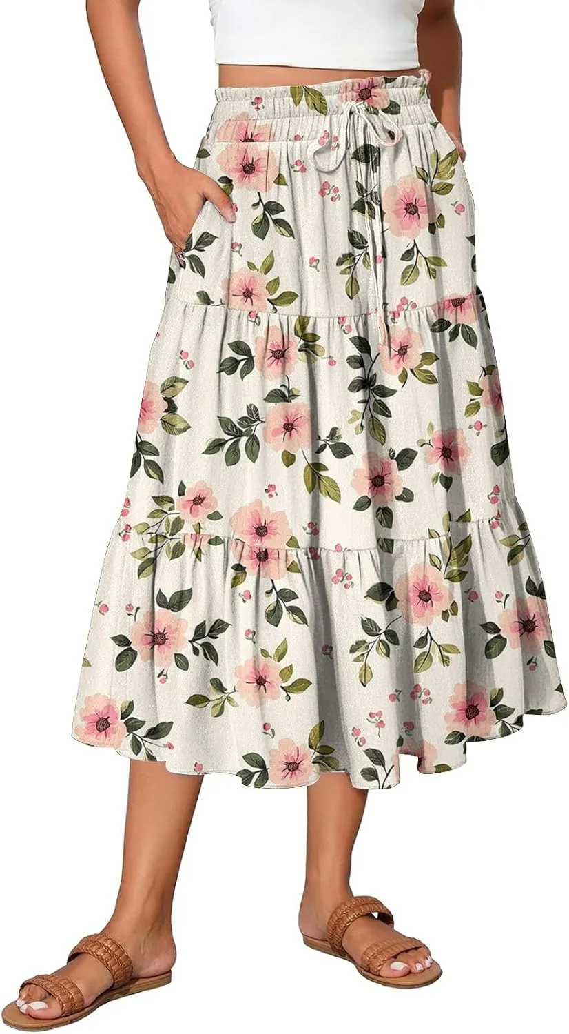 Long Skirts for Women Floral Print Boho Maxi Skirt Elastic High Waist Drawstring Pleated Flowy Skirts with Pockets