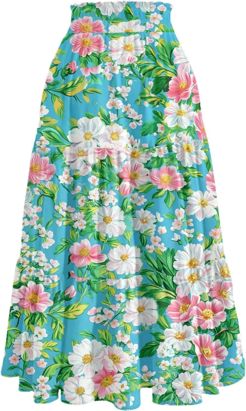 Long Skirts for Women Floral Print Boho Maxi Skirt Elastic High Waist Drawstring Pleated Flowy Skirts with Pockets