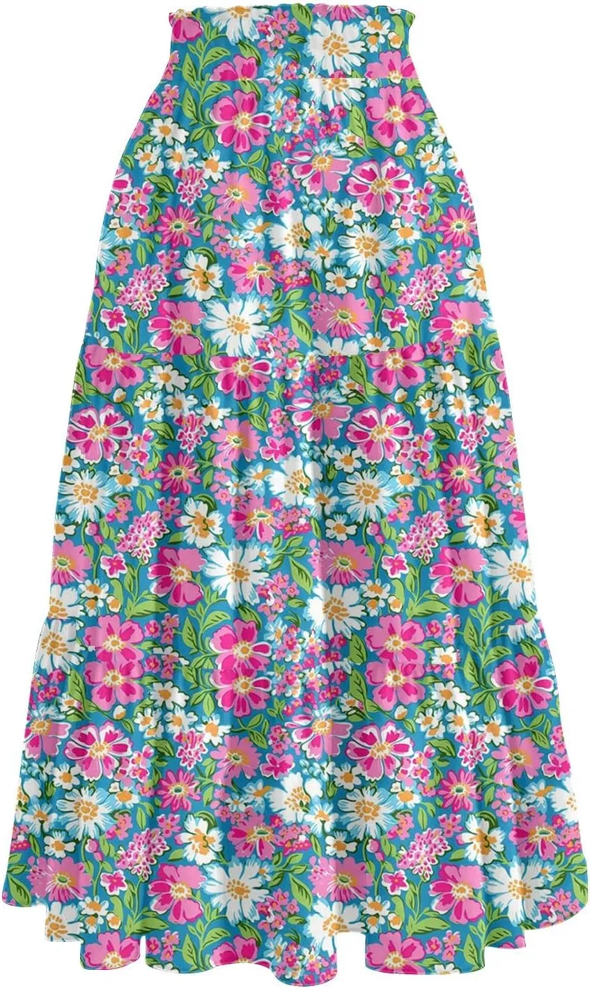 Long Skirts for Women Floral Print Boho Maxi Skirt Elastic High Waist Drawstring Pleated Flowy Skirts with Pockets
