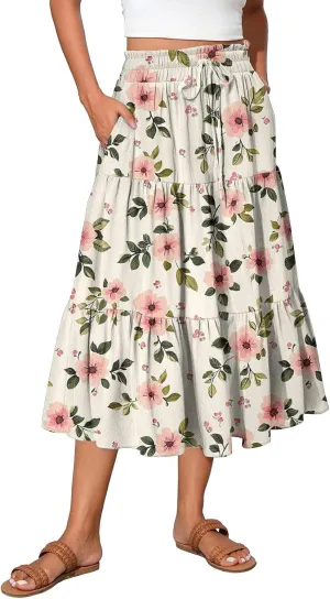 Long Skirts for Women Floral Print Boho Maxi Skirt Elastic High Waist Drawstring Pleated Flowy Skirts with Pockets