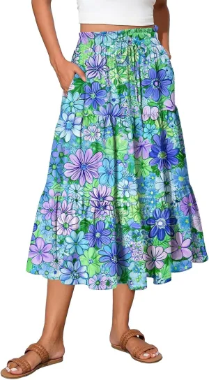 Long Skirts for Women Floral Print Boho Maxi Skirt Elastic High Waist Drawstring Pleated Flowy Skirts with Pockets