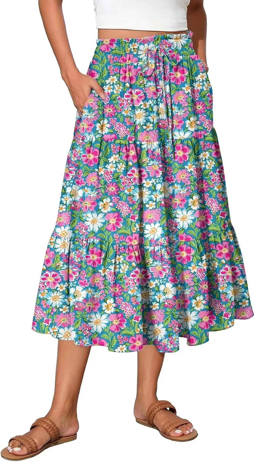 Long Skirts for Women Floral Print Boho Maxi Skirt Elastic High Waist Drawstring Pleated Flowy Skirts with Pockets