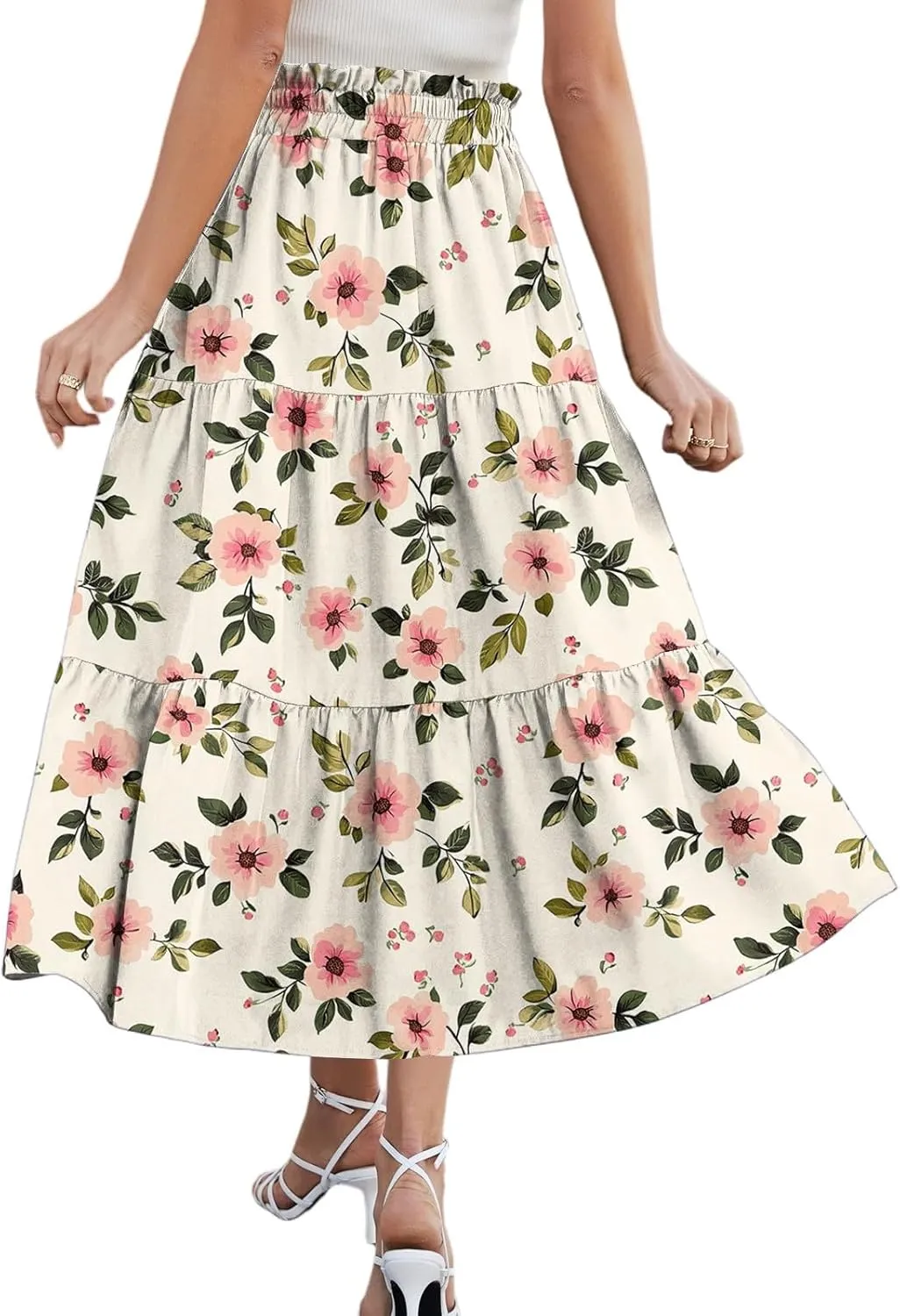 Long Skirts for Women Floral Print Boho Maxi Skirt Elastic High Waist Drawstring Pleated Flowy Skirts with Pockets