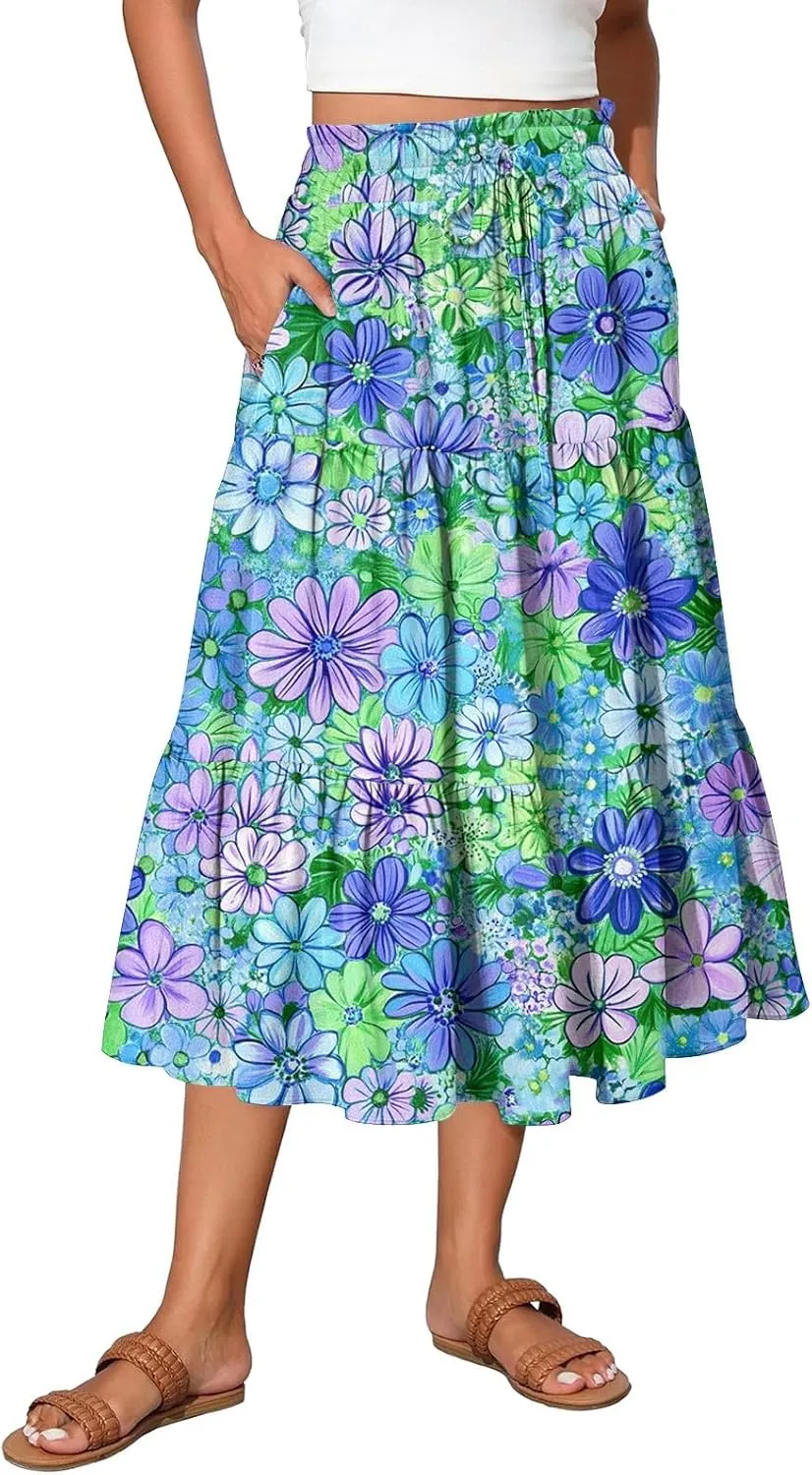 Long Skirts for Women Floral Print Boho Maxi Skirt Elastic High Waist Drawstring Pleated Flowy Skirts with Pockets