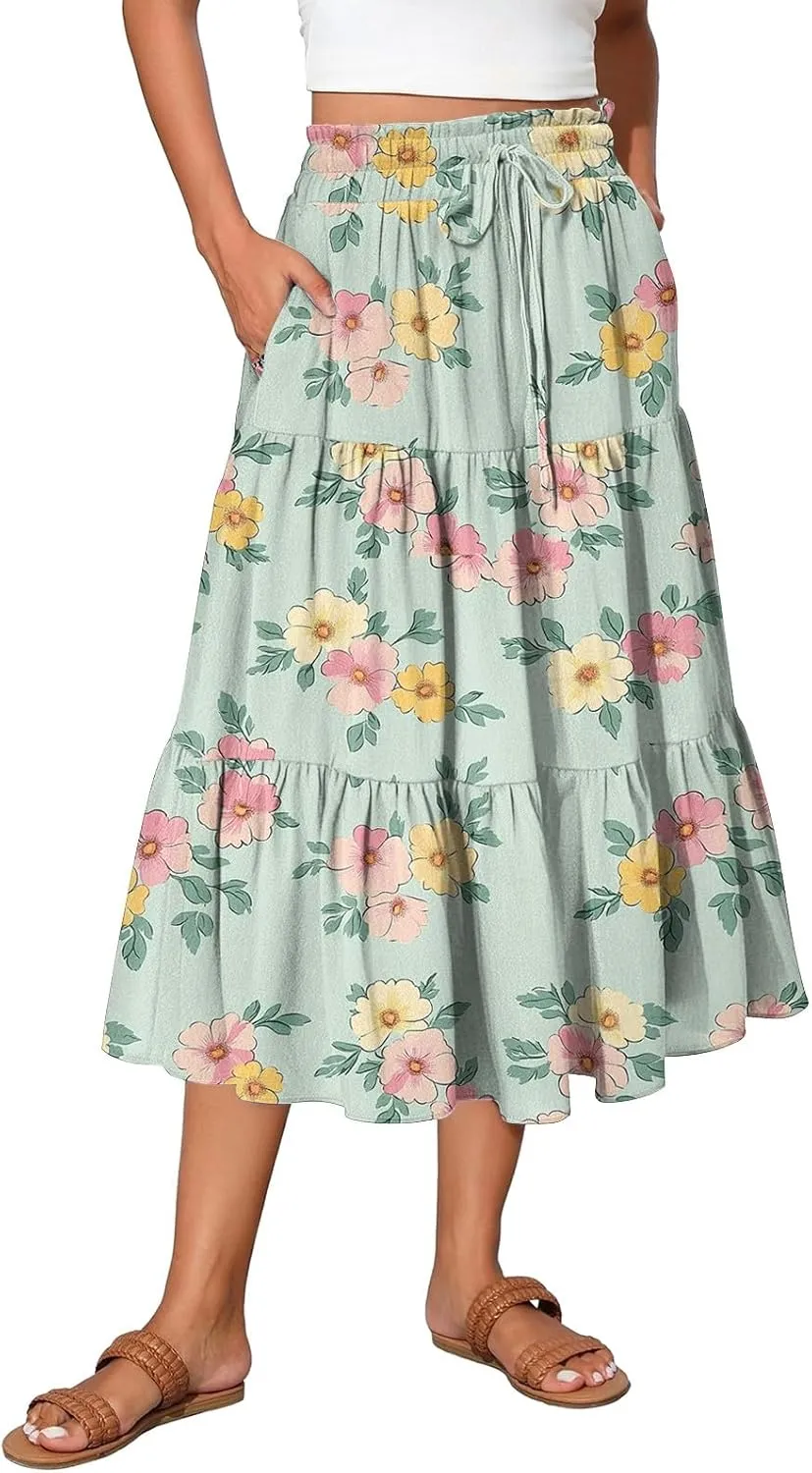 Long Skirts for Women Floral Print Boho Maxi Skirt Elastic High Waist Drawstring Pleated Flowy Skirts with Pockets