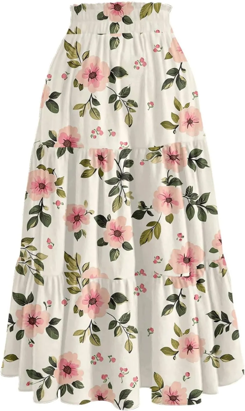 Long Skirts for Women Floral Print Boho Maxi Skirt Elastic High Waist Drawstring Pleated Flowy Skirts with Pockets