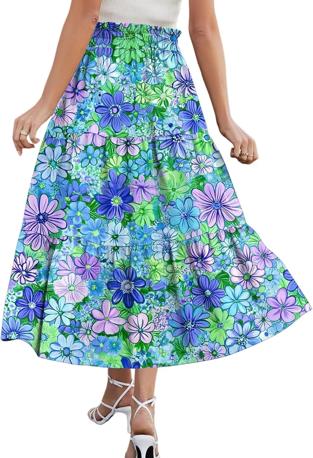Long Skirts for Women Floral Print Boho Maxi Skirt Elastic High Waist Drawstring Pleated Flowy Skirts with Pockets