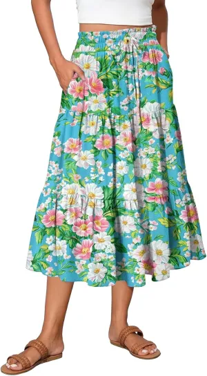 Long Skirts for Women Floral Print Boho Maxi Skirt Elastic High Waist Drawstring Pleated Flowy Skirts with Pockets