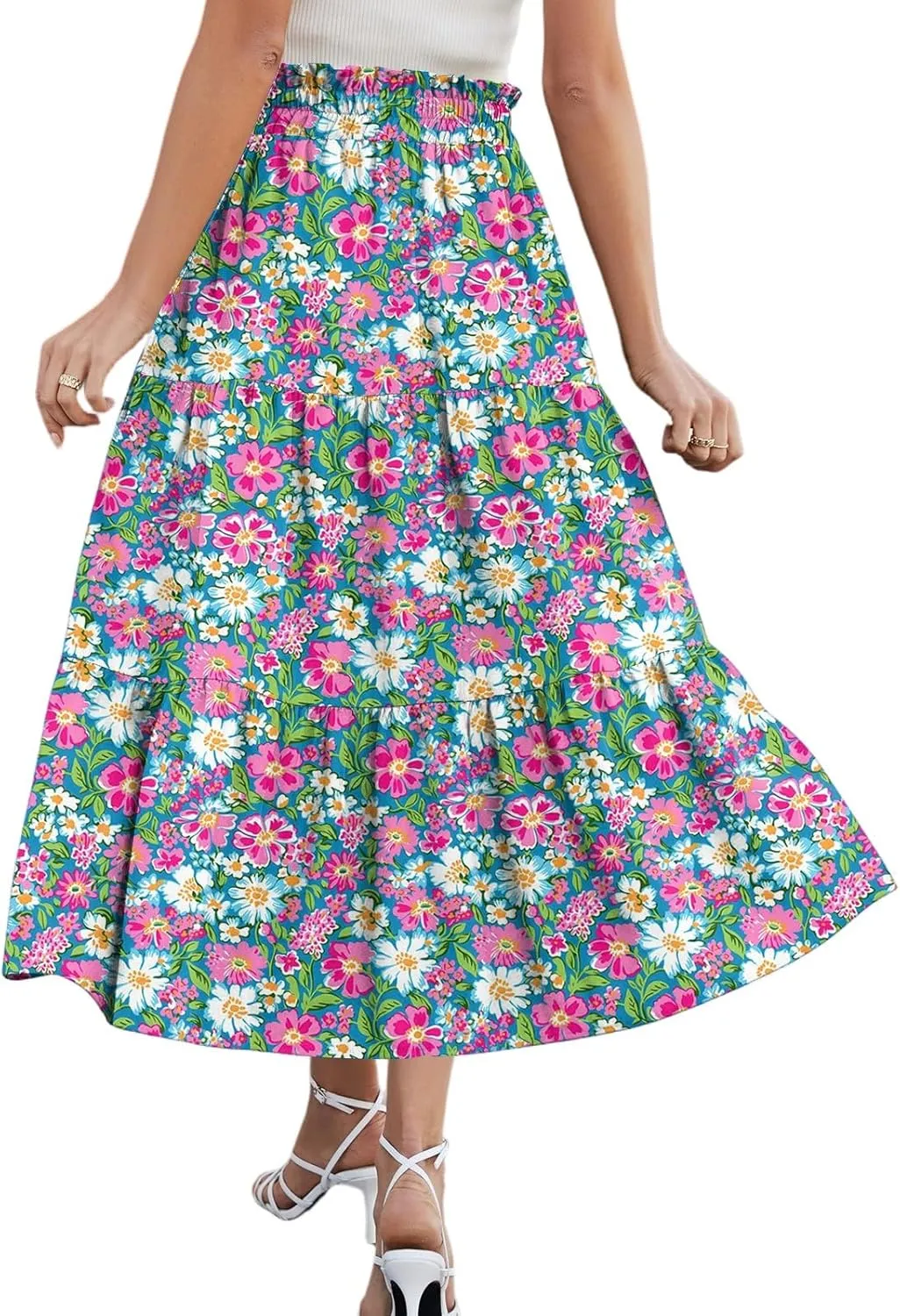 Long Skirts for Women Floral Print Boho Maxi Skirt Elastic High Waist Drawstring Pleated Flowy Skirts with Pockets