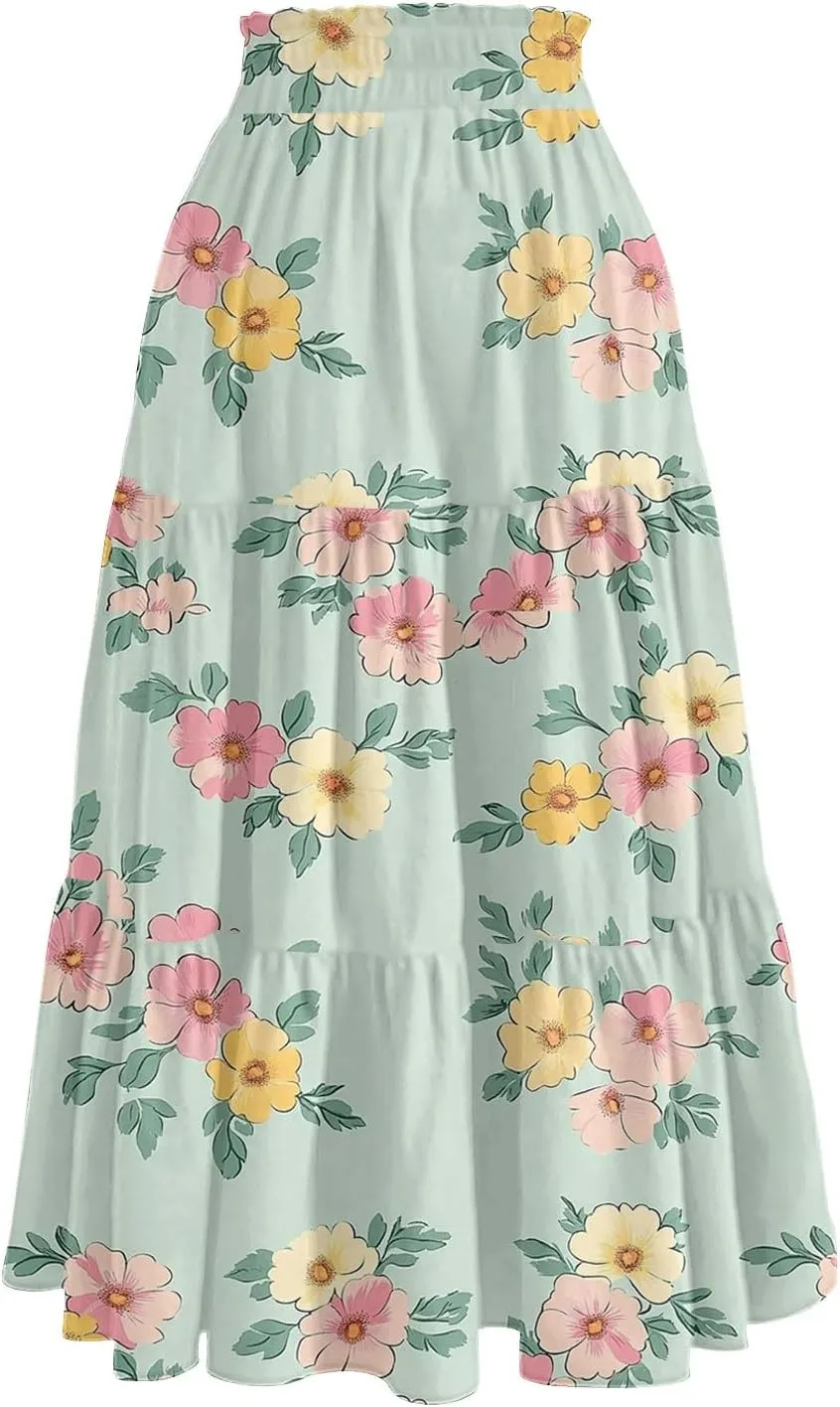 Long Skirts for Women Floral Print Boho Maxi Skirt Elastic High Waist Drawstring Pleated Flowy Skirts with Pockets