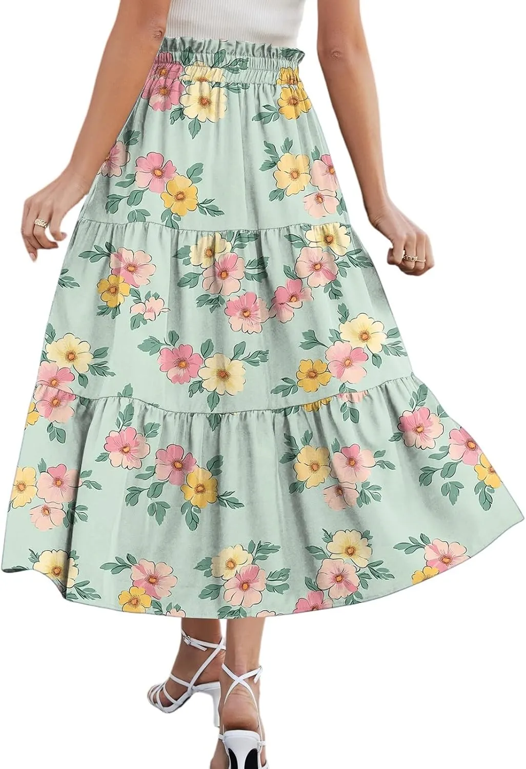 Long Skirts for Women Floral Print Boho Maxi Skirt Elastic High Waist Drawstring Pleated Flowy Skirts with Pockets