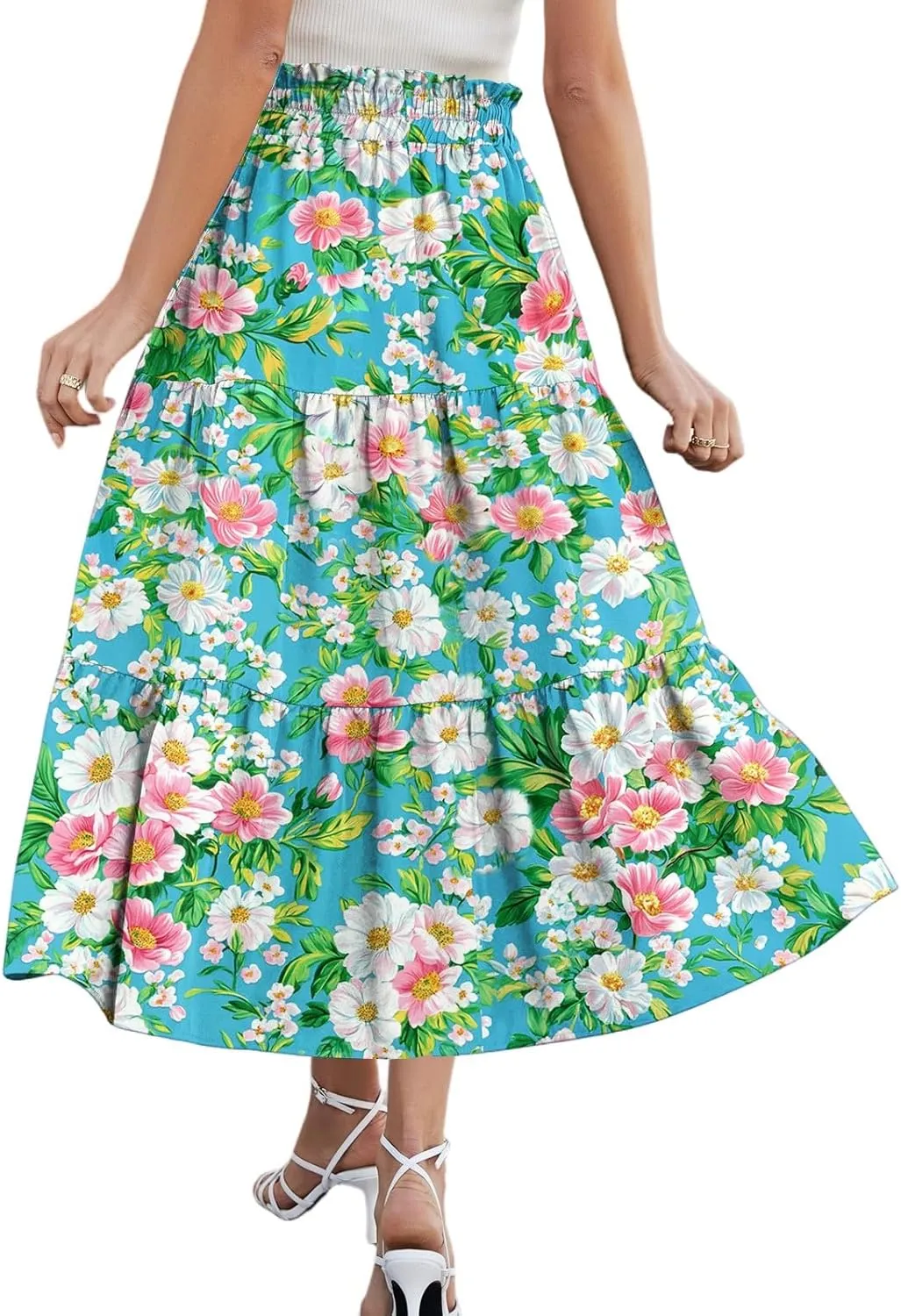 Long Skirts for Women Floral Print Boho Maxi Skirt Elastic High Waist Drawstring Pleated Flowy Skirts with Pockets
