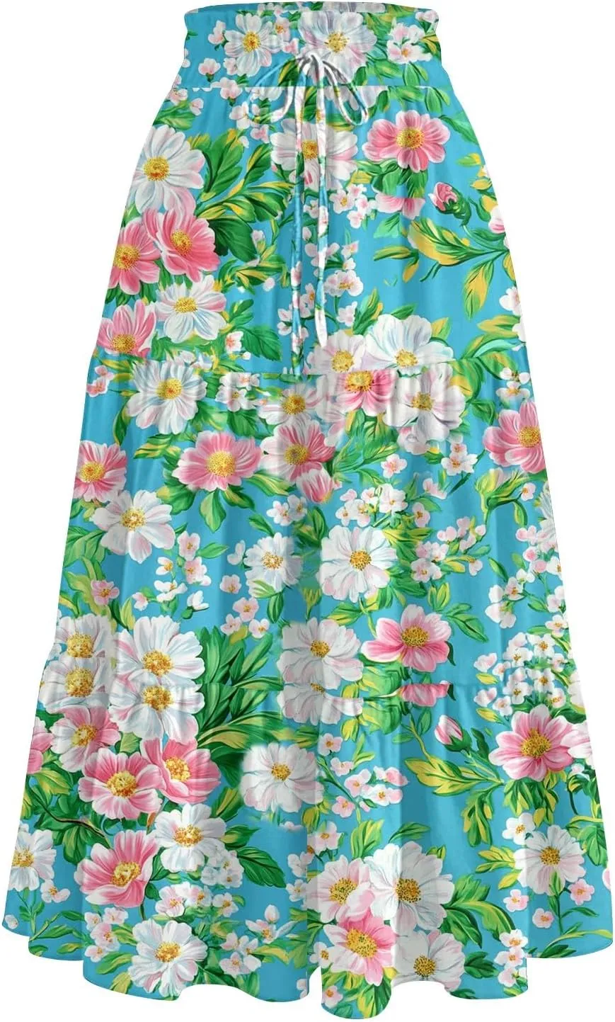 Long Skirts for Women Floral Print Boho Maxi Skirt Elastic High Waist Drawstring Pleated Flowy Skirts with Pockets