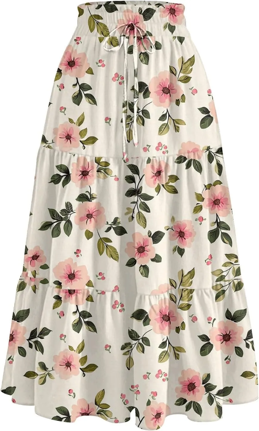 Long Skirts for Women Floral Print Boho Maxi Skirt Elastic High Waist Drawstring Pleated Flowy Skirts with Pockets