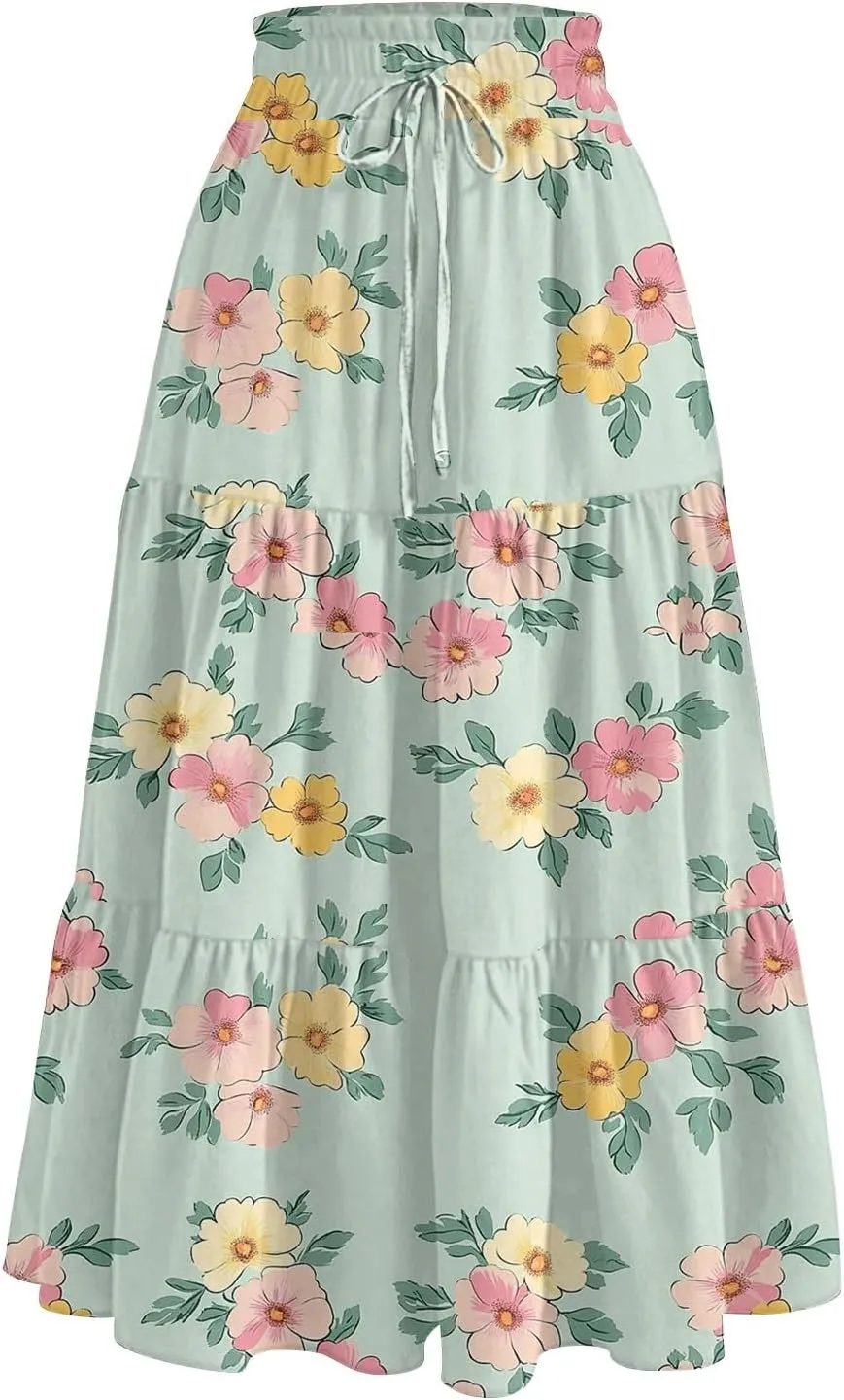 Long Skirts for Women Floral Print Boho Maxi Skirt Elastic High Waist Drawstring Pleated Flowy Skirts with Pockets