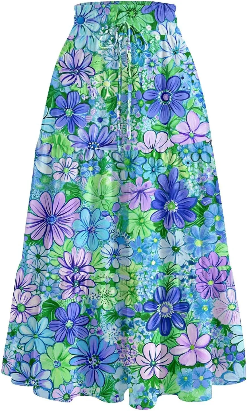 Long Skirts for Women Floral Print Boho Maxi Skirt Elastic High Waist Drawstring Pleated Flowy Skirts with Pockets