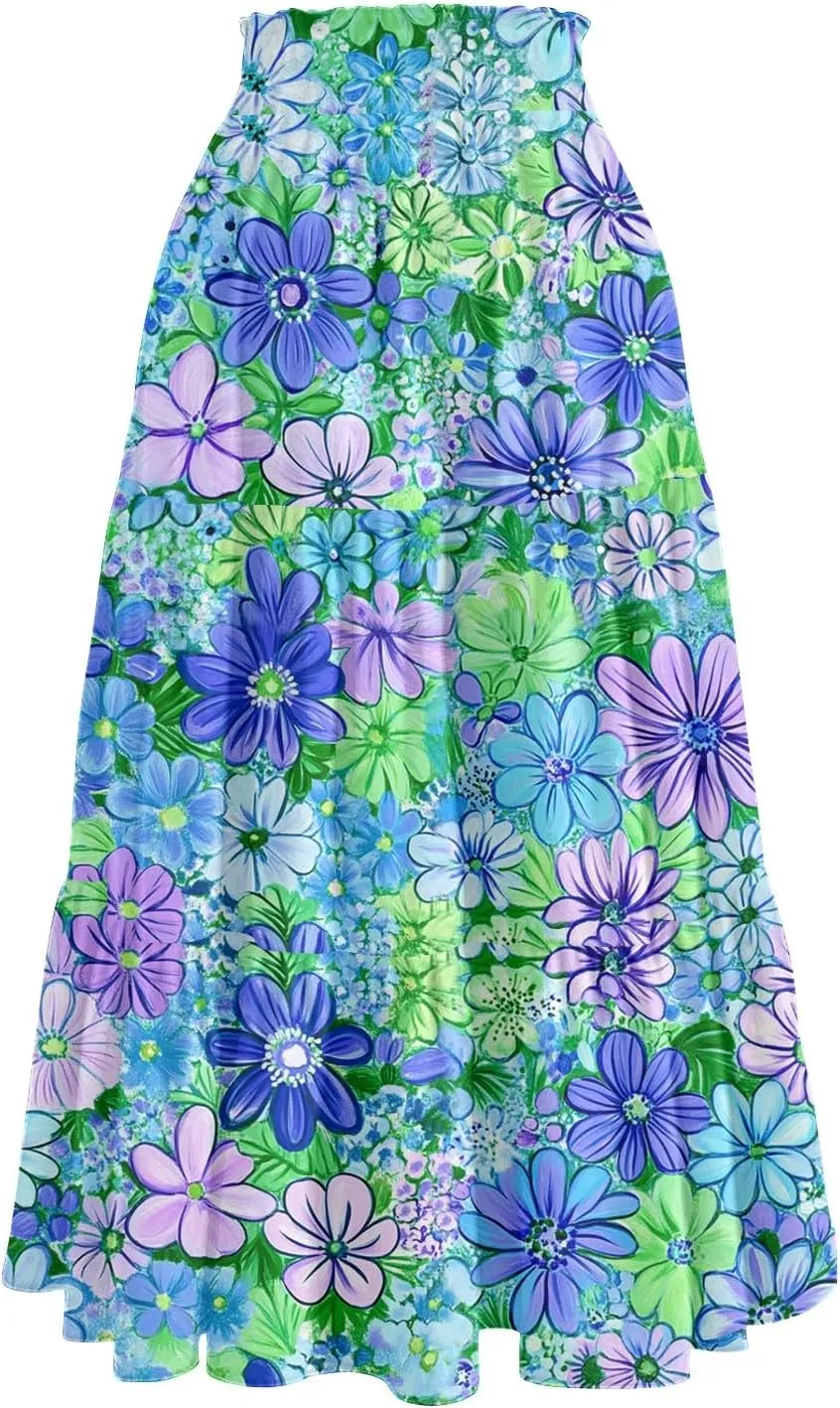Long Skirts for Women Floral Print Boho Maxi Skirt Elastic High Waist Drawstring Pleated Flowy Skirts with Pockets