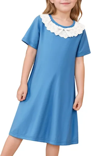 LQSZ Girls Nightgowns Floral Lace Short Sleeve Sleepwear Bow Tie Victorian Princess Pajamas NightDress 3-12 Years