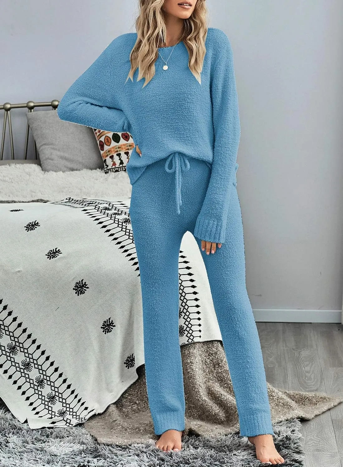luvamia Women's Casual Pajama Set Fuzzy Fleece Knitted Long Sleeve Pj Loungewear