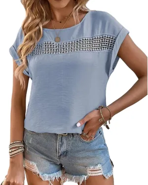 Mayntop Women Linen Crochet Hollow Out Dolman Top Round Neck Short Sleeve Loose Casual Pull On Blouse Summer T Shirt Shirt