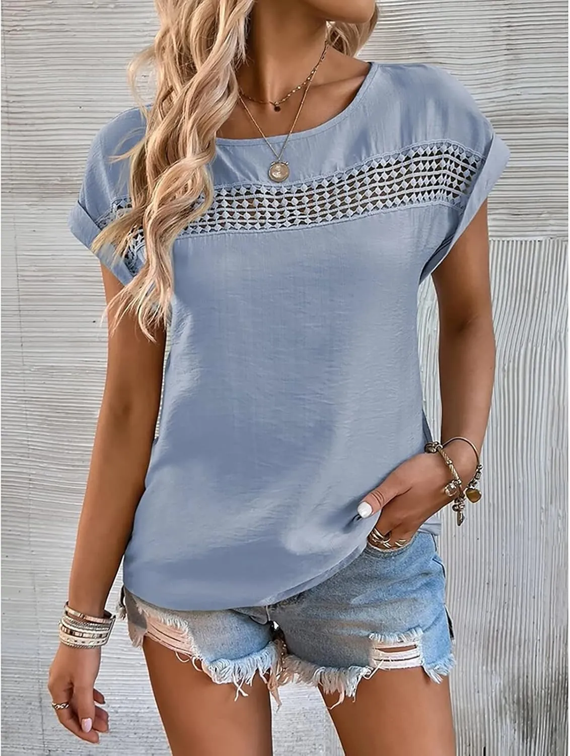 Mayntop Women Linen Crochet Hollow Out Dolman Top Round Neck Short Sleeve Loose Casual Pull On Blouse Summer T Shirt Shirt