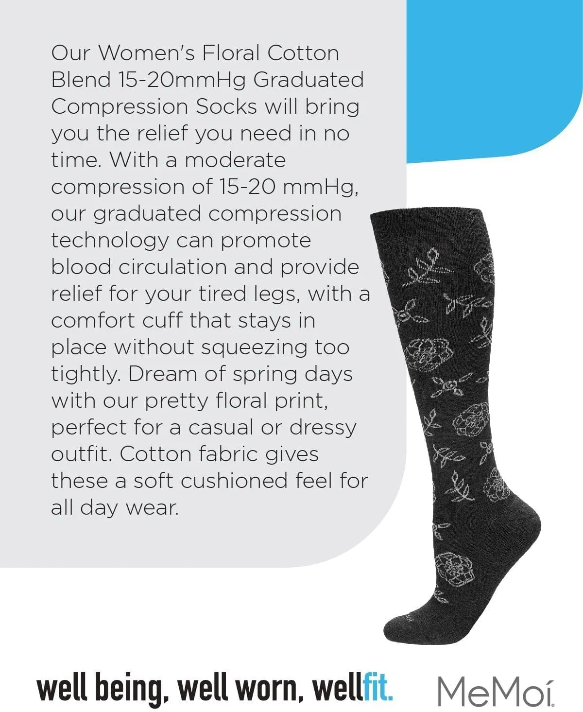 MeMoi Women's Floral Cotton Blend 15-20mmHg Graduated Compression Knee Sock
