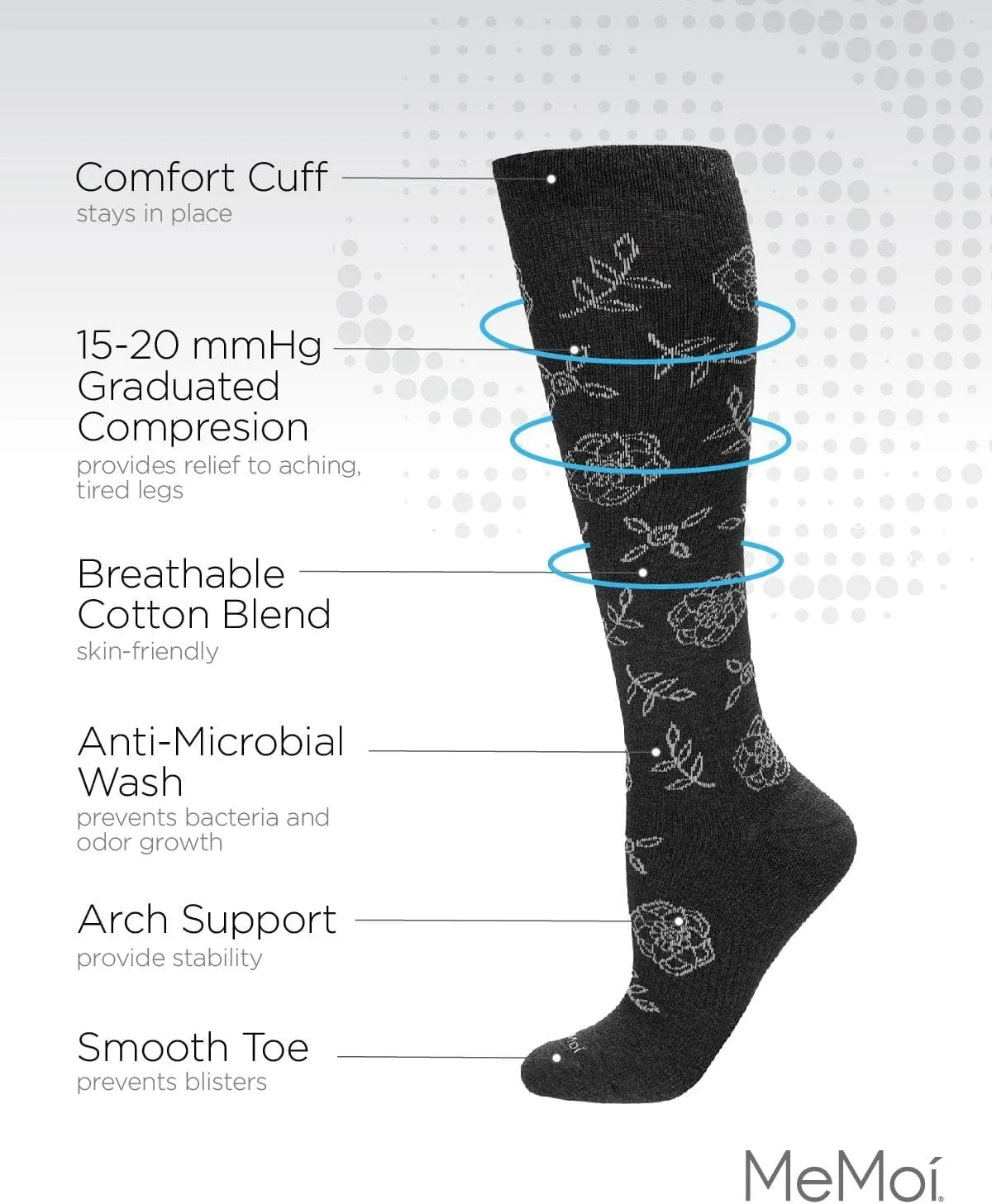 MeMoi Women's Floral Cotton Blend 15-20mmHg Graduated Compression Knee Sock