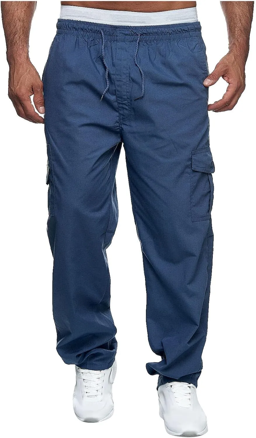 Mens Cargo Trousers,Elastic Waistband Straight Leg Pants Casual Midweight Slacks Basic Low Rise Bottoms for Men