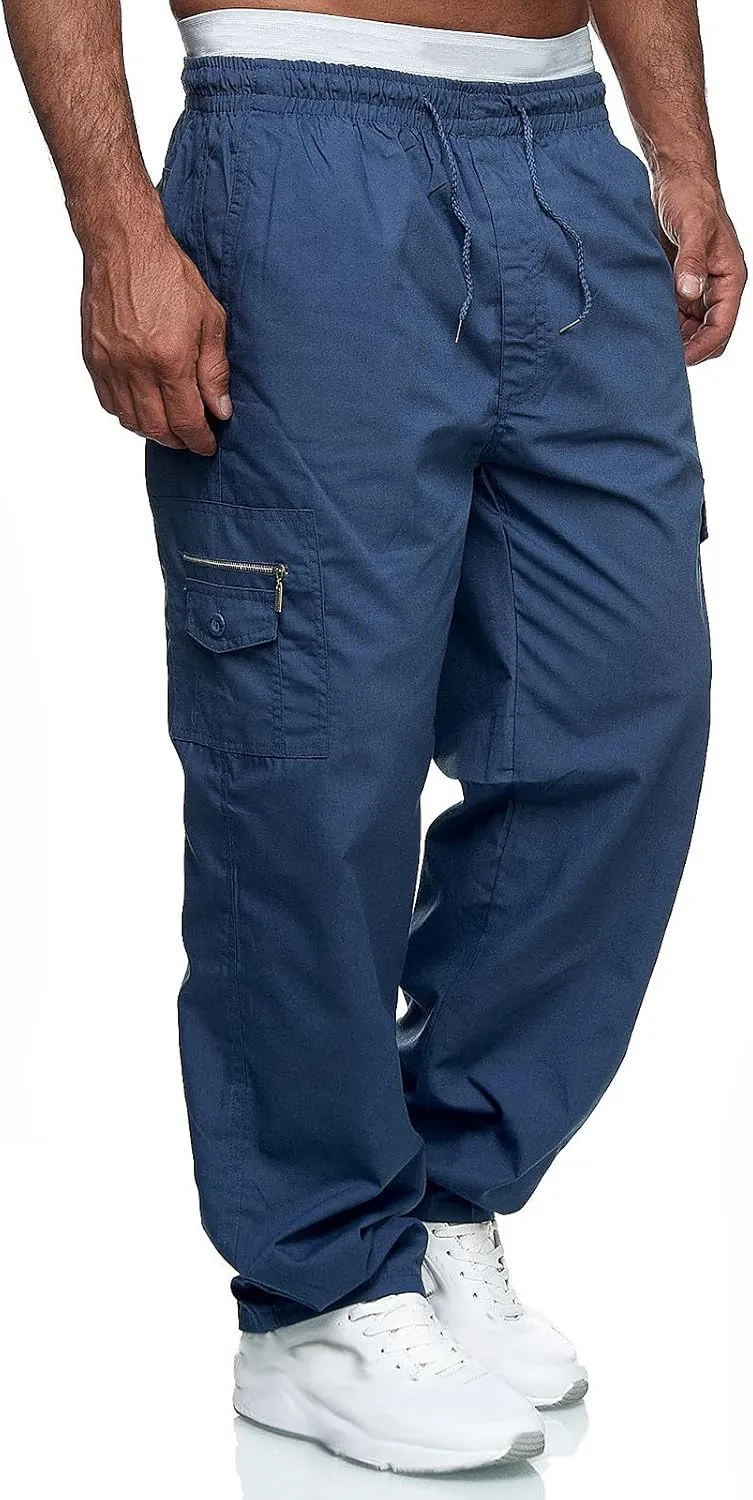 Mens Cargo Trousers,Elastic Waistband Straight Leg Pants Casual Midweight Slacks Basic Low Rise Bottoms for Men