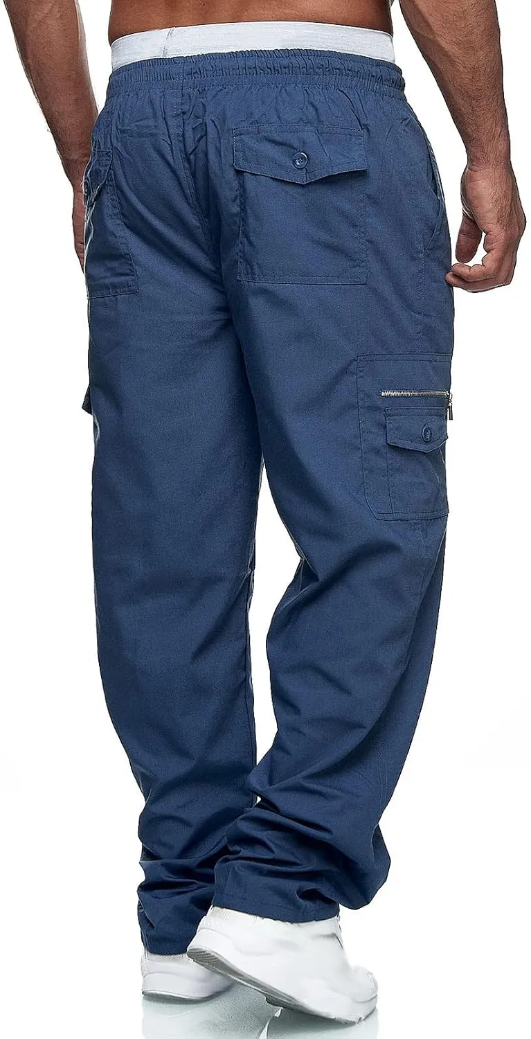 Mens Cargo Trousers,Elastic Waistband Straight Leg Pants Casual Midweight Slacks Basic Low Rise Bottoms for Men