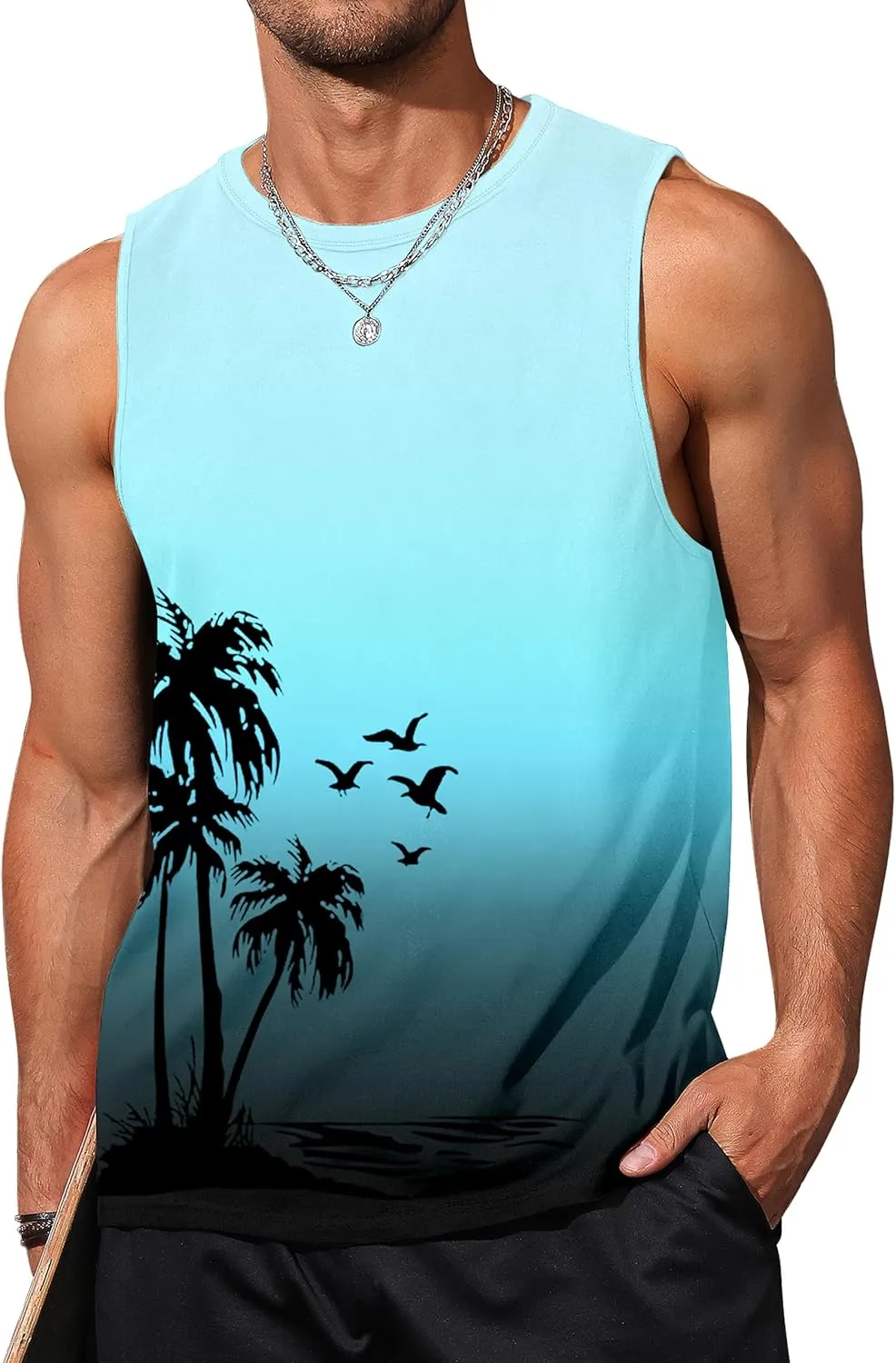 Mens Graphic Tank Tops Sleeveless Muscle Shirts Beach Hawaiian Coconut Tree Patriotic Tank Tops