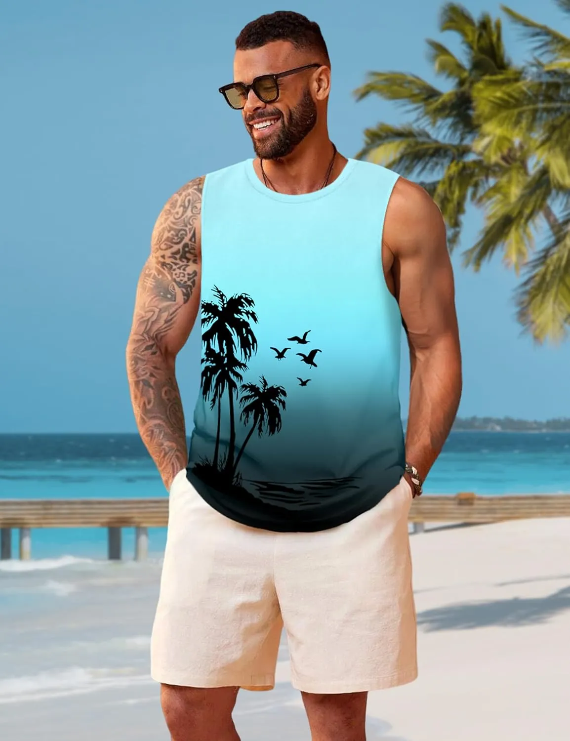 Mens Graphic Tank Tops Sleeveless Muscle Shirts Beach Hawaiian Coconut Tree Patriotic Tank Tops
