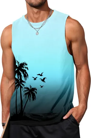 Mens Graphic Tank Tops Sleeveless Muscle Shirts Beach Hawaiian Coconut Tree Patriotic Tank Tops