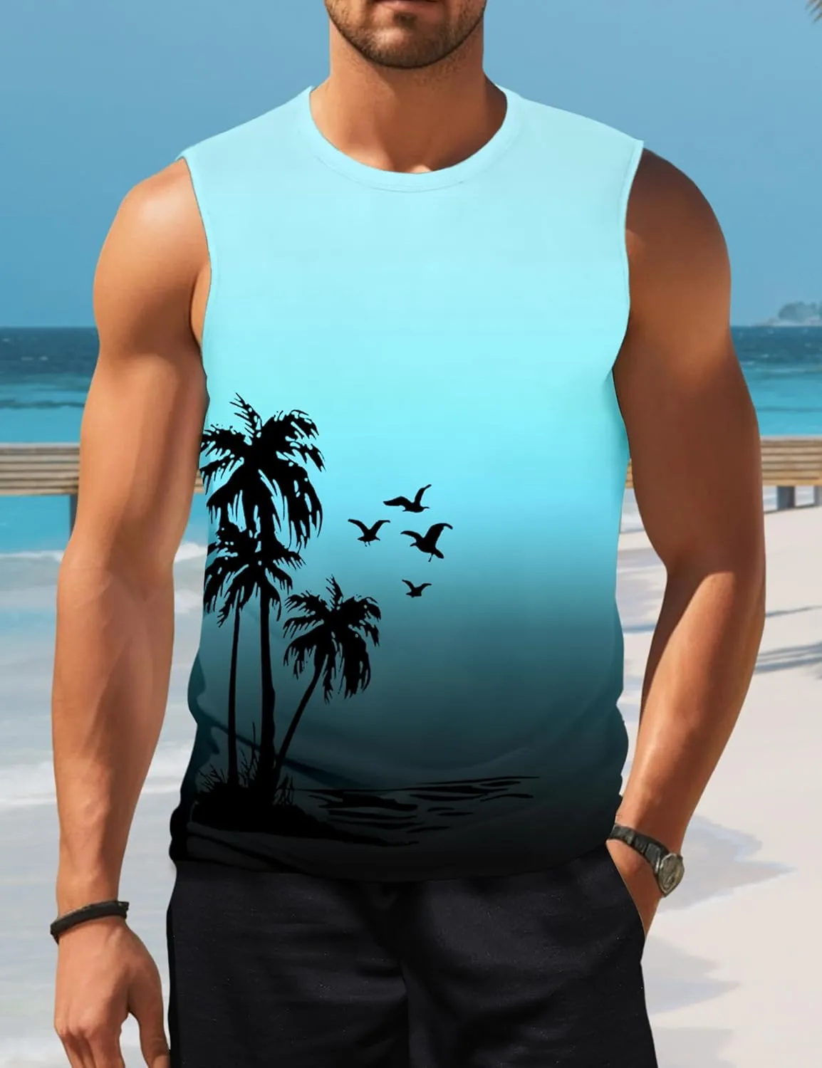 Mens Graphic Tank Tops Sleeveless Muscle Shirts Beach Hawaiian Coconut Tree Patriotic Tank Tops
