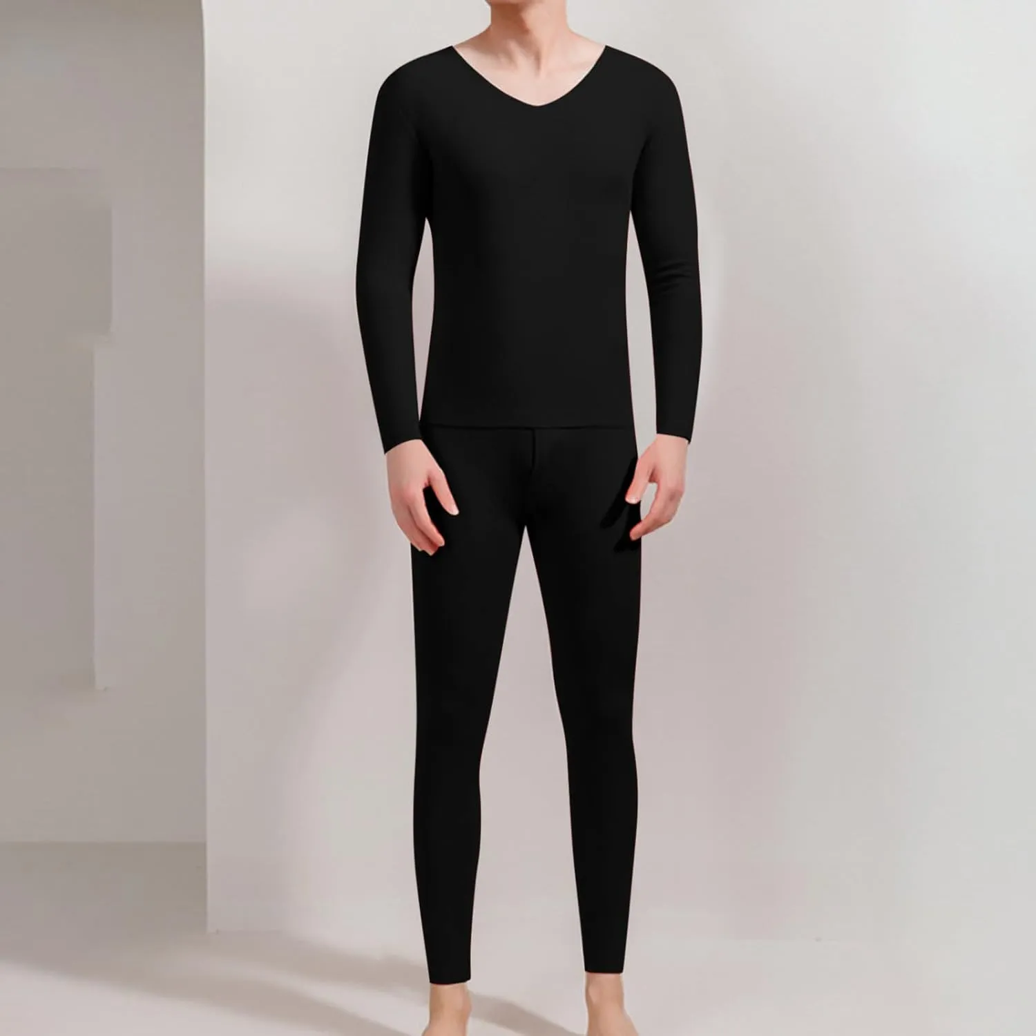 Mens Slim Fit Thermal Pajamas Set Winter Two Piece Bottoming Warm Outfits Long Sleeve Tops Pants Pajamas Sets