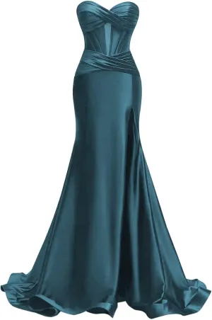 MYDRESS Strapless Satin Prom Dresses 2025 Bodycon Evening Dresses Sexy Ruched Wedding Guest Dresses for Women