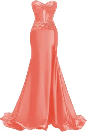 MYDRESS Strapless Satin Prom Dresses 2025 Bodycon Evening Dresses Sexy Ruched Wedding Guest Dresses for Women