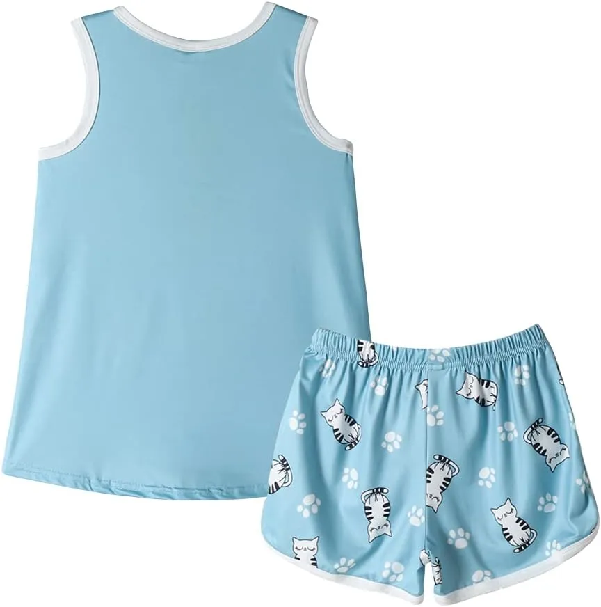 MyFav Big Girls Sleeveless Pajama Sets Cute Panda Polka Dot Sleepwear Loungewear