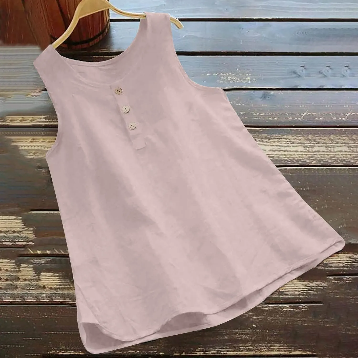 Mzkdieey Cotton Linen Tank Tops for Women Scoop Neck Button Down Henley Shirts Summer Casual Sleeveless Loose Fit T-Shirt
