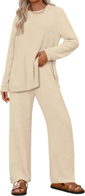 NENONA Women's Fuzzy Fleece Lounge Sets 2 Piece Loungewear Outfits Oversized Tunic Sweater Wide Leg Pants Pajama Sets