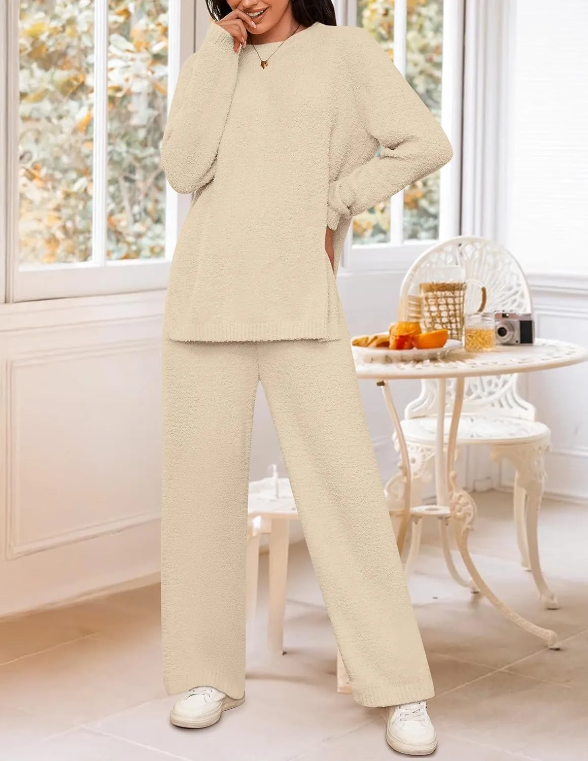 NENONA Women's Fuzzy Fleece Lounge Sets 2 Piece Loungewear Outfits Oversized Tunic Sweater Wide Leg Pants Pajama Sets
