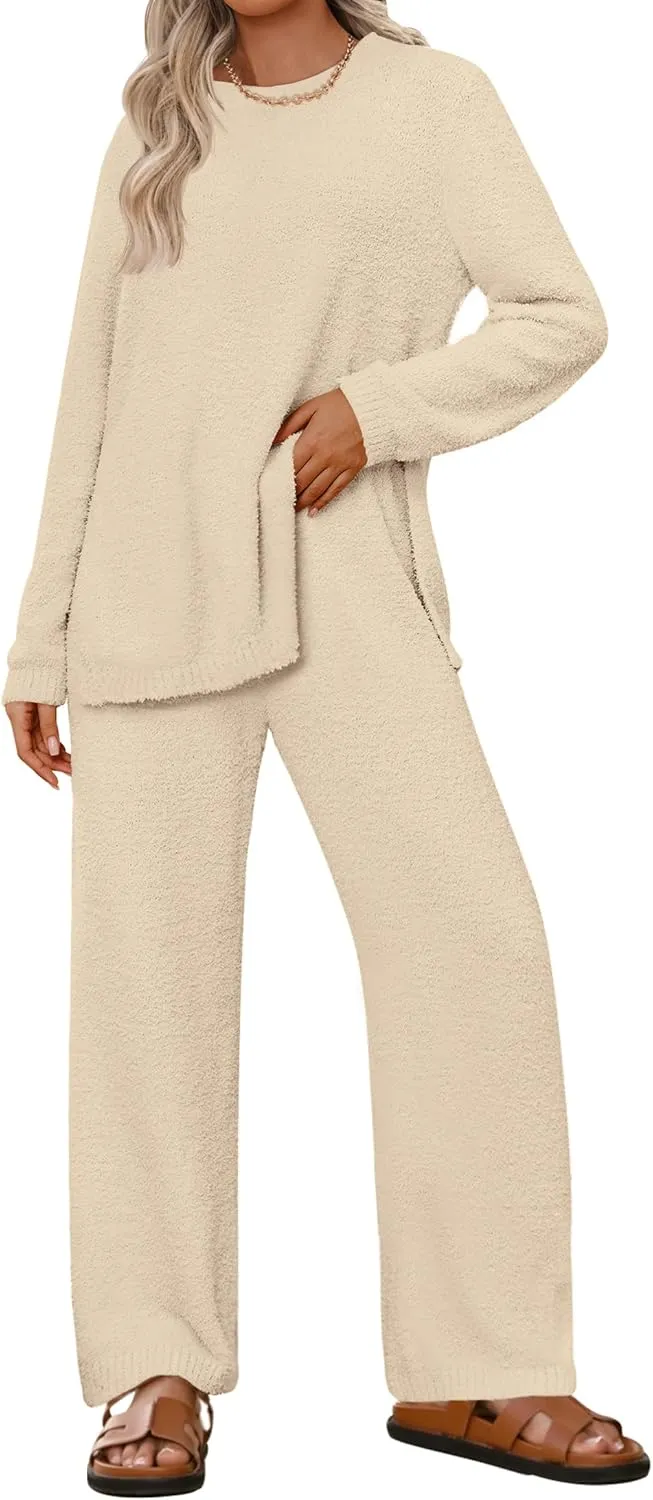 NENONA Women's Fuzzy Fleece Lounge Sets 2 Piece Loungewear Outfits Oversized Tunic Sweater Wide Leg Pants Pajama Sets