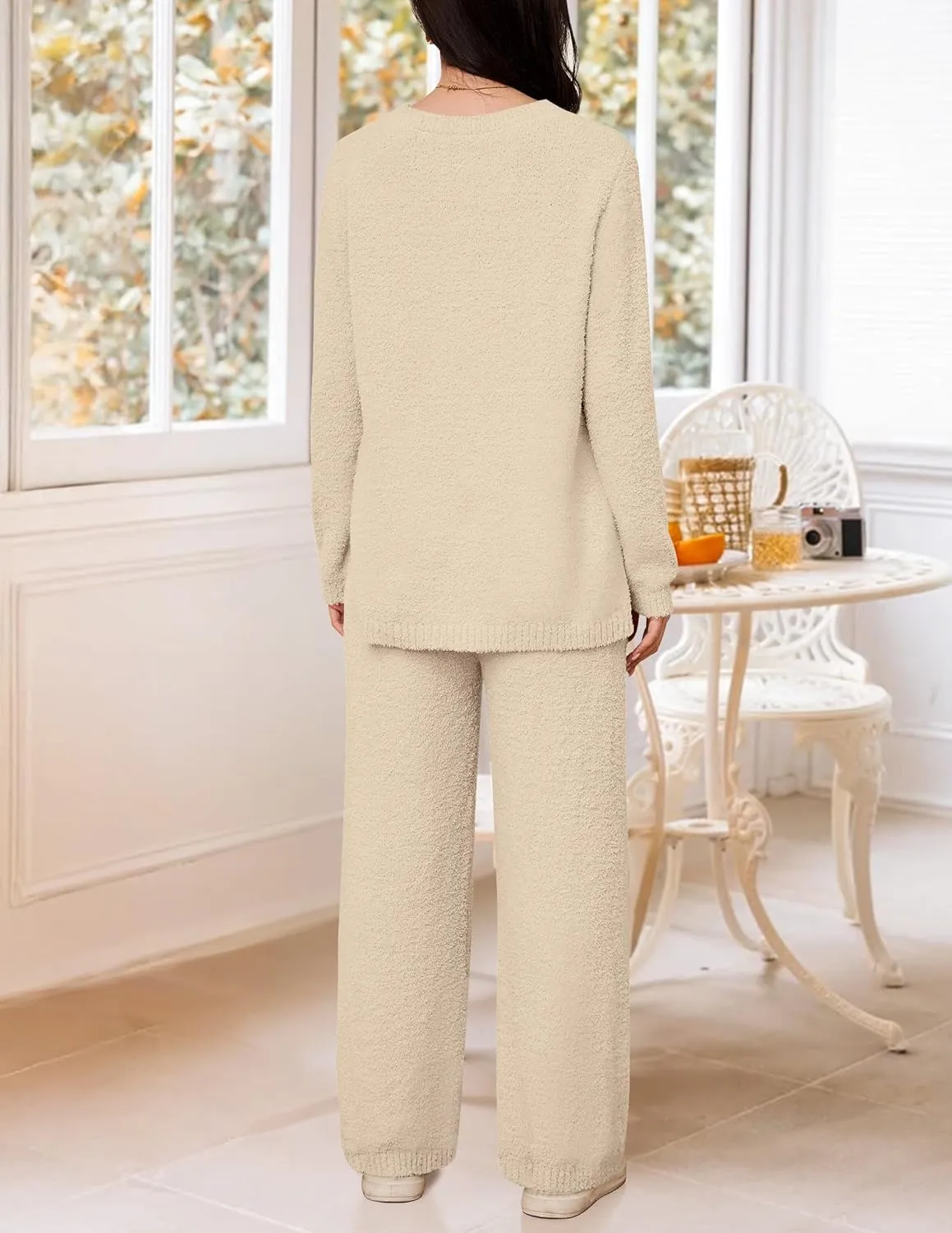 NENONA Women's Fuzzy Fleece Lounge Sets 2 Piece Loungewear Outfits Oversized Tunic Sweater Wide Leg Pants Pajama Sets