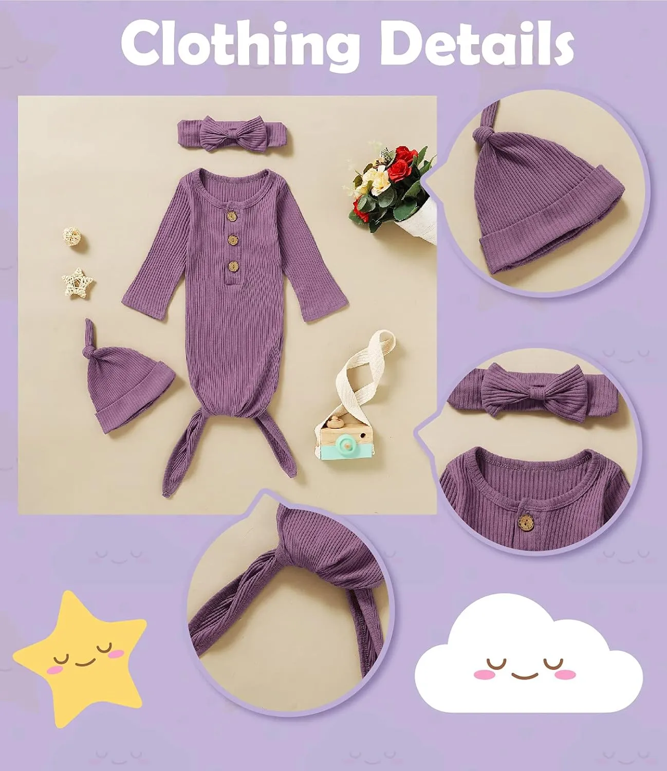 Newborn Cotton Nightgowns Neutral Baby Knotted Sleeper Baby Coming Home Outfit