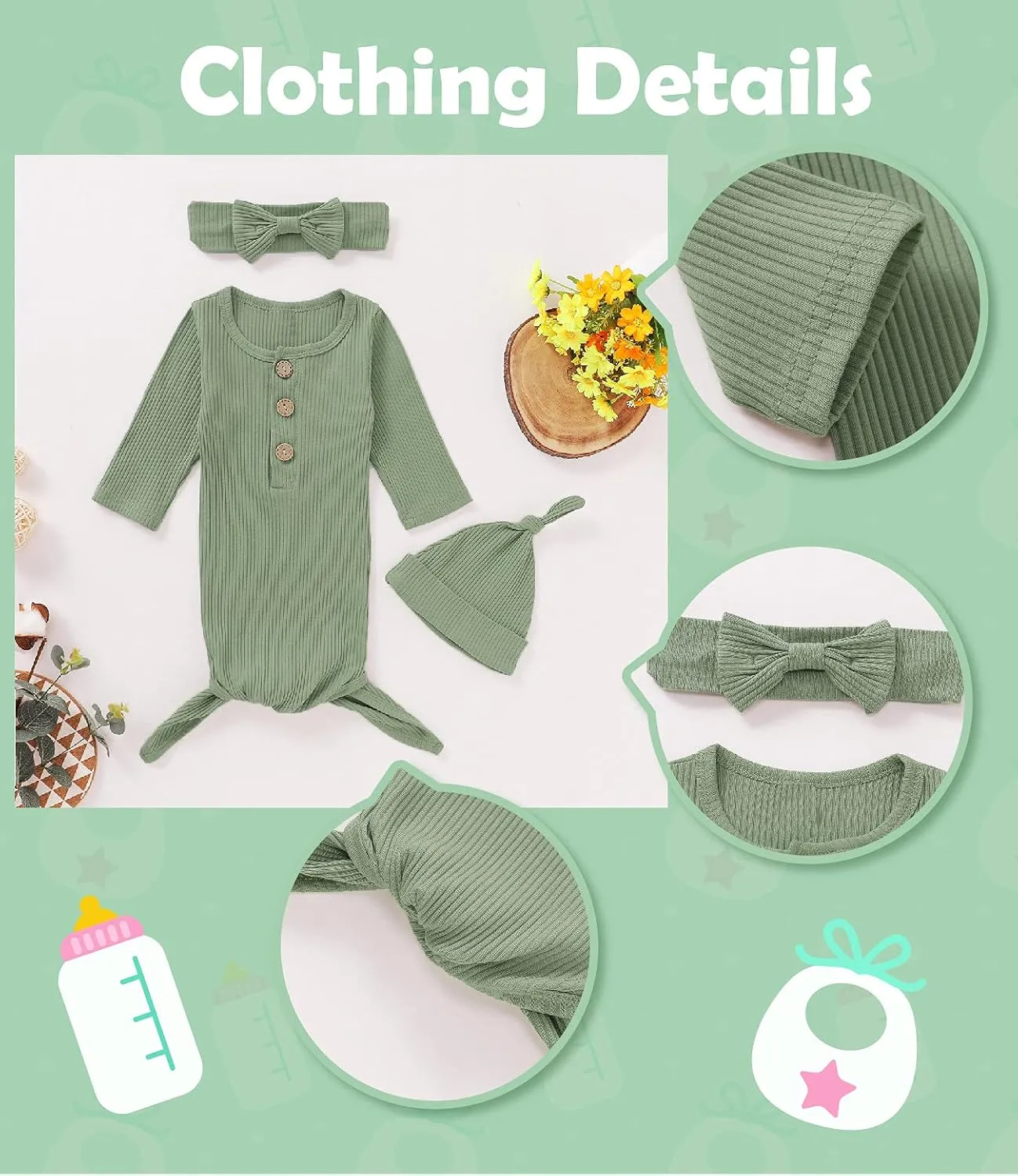 Newborn Cotton Nightgowns Neutral Baby Knotted Sleeper Baby Coming Home Outfit