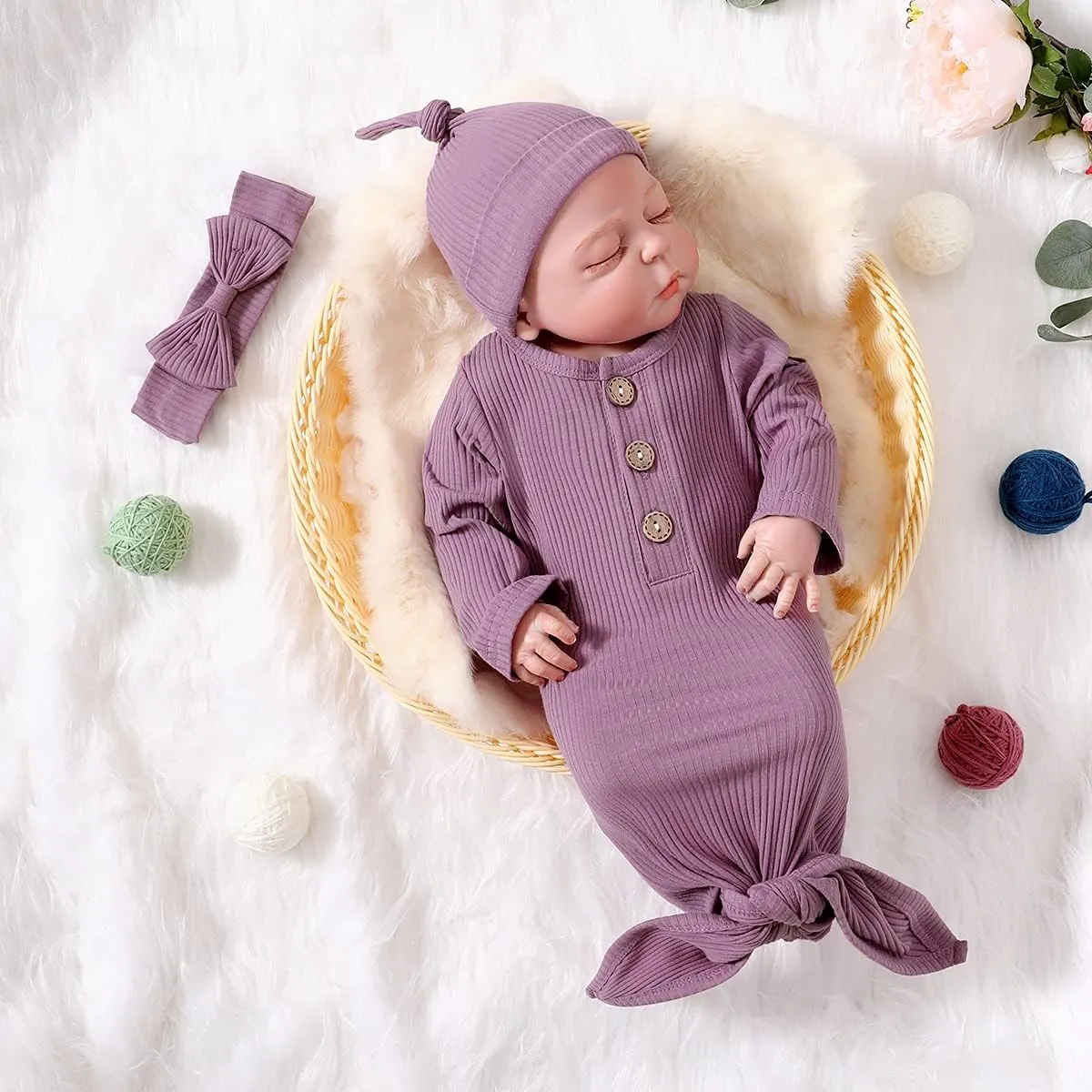Newborn Cotton Nightgowns Neutral Baby Knotted Sleeper Baby Coming Home Outfit
