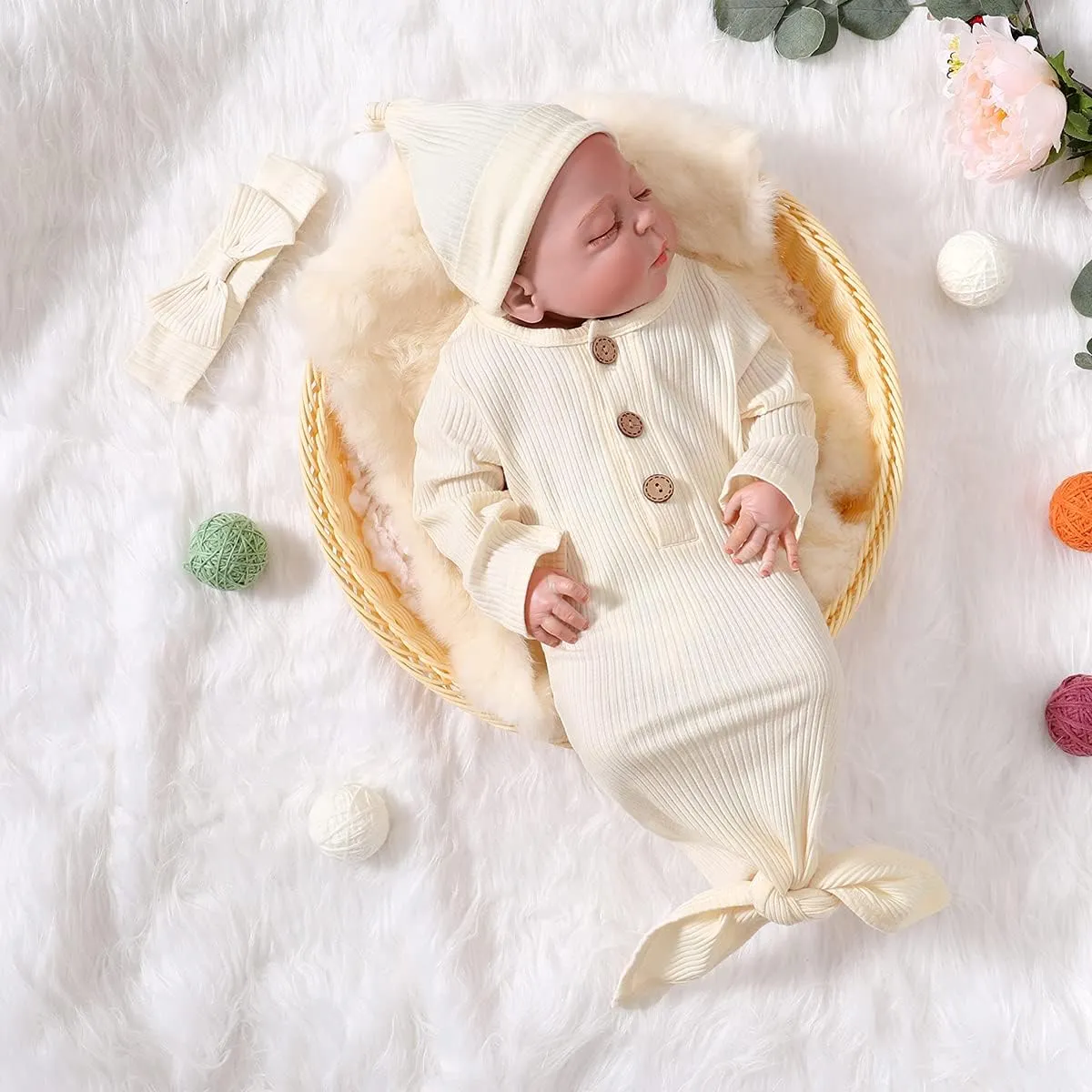 Newborn Cotton Nightgowns Neutral Baby Knotted Sleeper Baby Coming Home Outfit