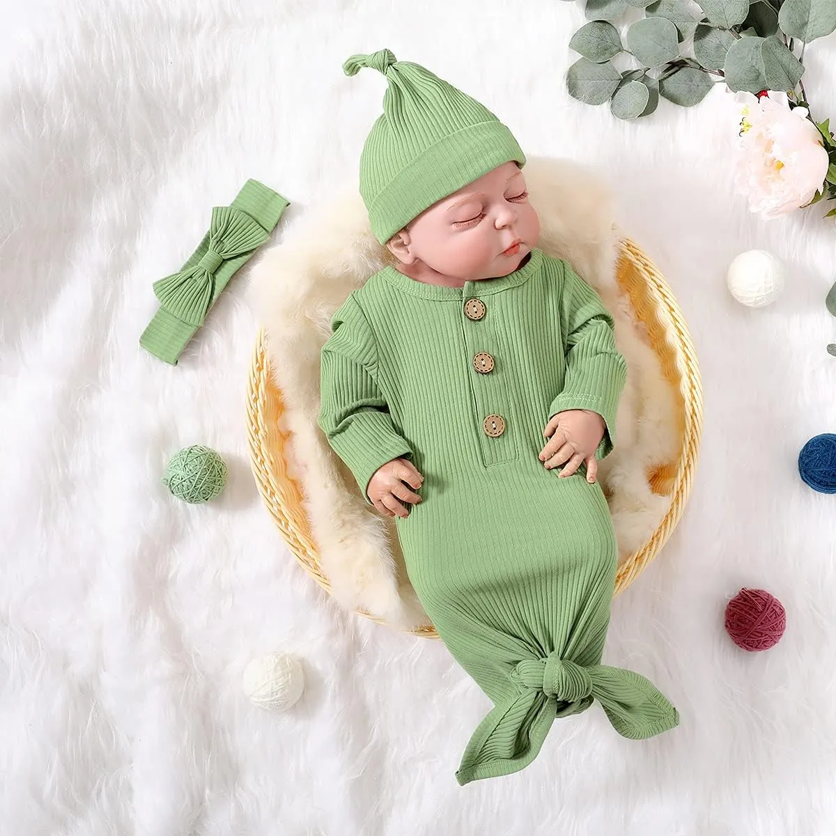 Newborn Cotton Nightgowns Neutral Baby Knotted Sleeper Baby Coming Home Outfit