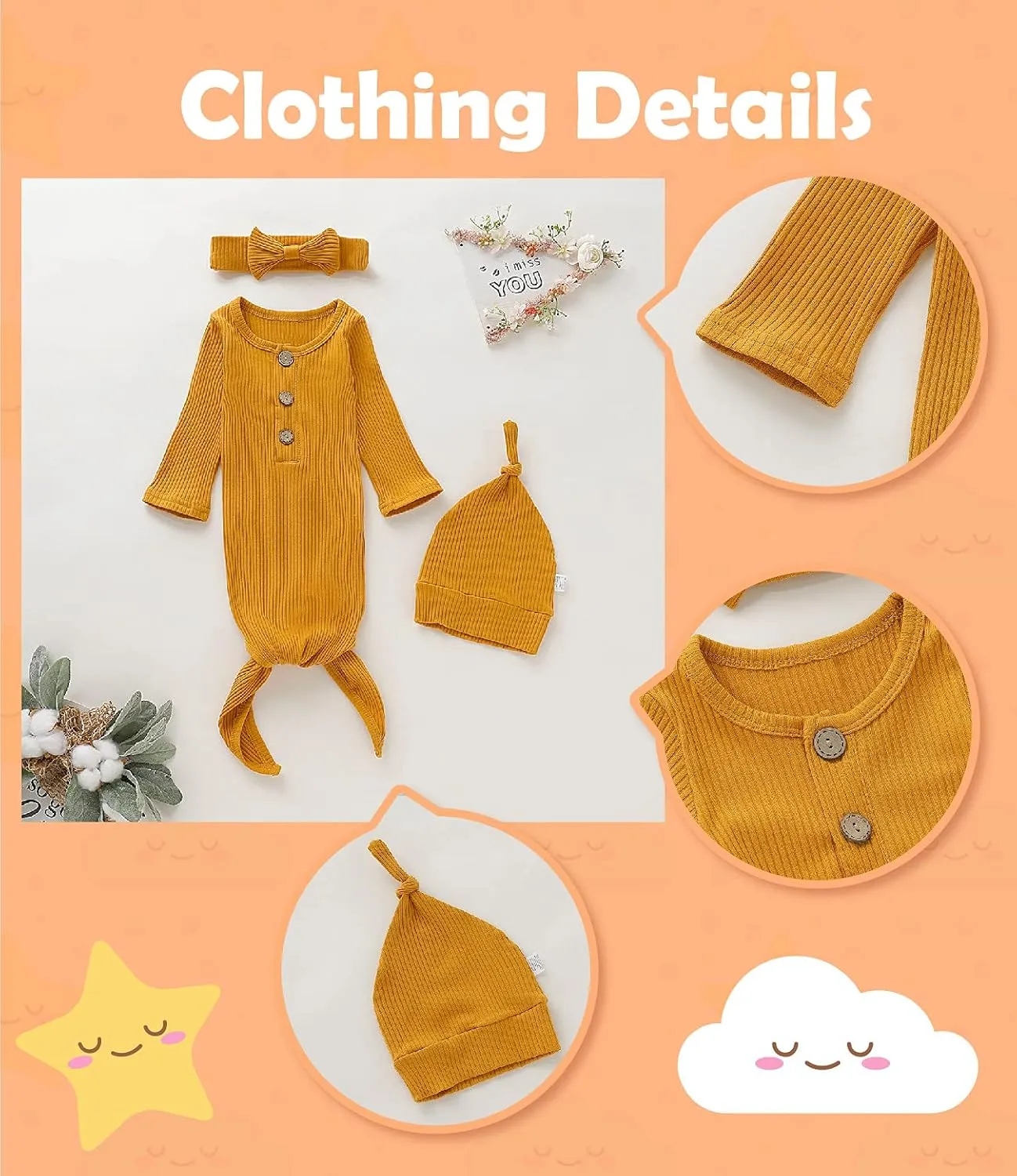 Newborn Cotton Nightgowns Neutral Baby Knotted Sleeper Baby Coming Home Outfit